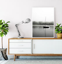 Load image into Gallery viewer, Foggy Forest Lake Sailing Photo Print