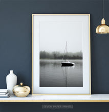 Load image into Gallery viewer, Foggy Forest Lake Sailing Photo Print