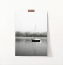 Load image into Gallery viewer, Foggy Forest Lake Sailing Photo Print