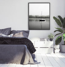 Load image into Gallery viewer, Foggy Forest Lake Sailing Photo Print