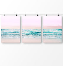 Load image into Gallery viewer, Blue water artwork, pink wall art, ocean waves, ocean photography, Pink beach triptych