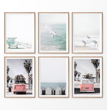 Load image into Gallery viewer, California Travel Wall Art Set. Lifeguard Tower, Surfers on a Wave, Seagulls, VW bus, cabins