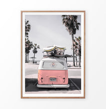 Load image into Gallery viewer, Pink VW travel bus print. California beach
