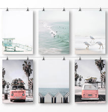 Load image into Gallery viewer, California Prints, Coastal Art, Santa Monica Beach, Lifeguard Tower, Retro Bus, Surfboard Decor, Set of 6 Prints