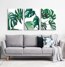 Load image into Gallery viewer, Canvas set of 3 monstera leaves prints for living room
