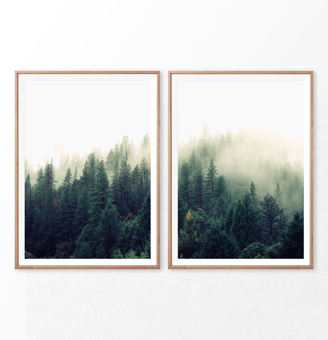 Foggy Forest Wall Art Set of 2. Mountain Landscape