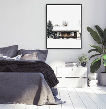 Load image into Gallery viewer, Black-framed Wooden Cabin Covered in Snow Poster