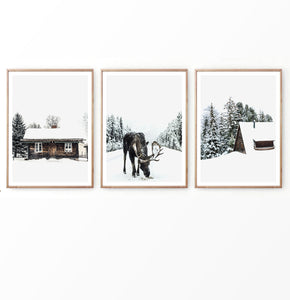 Christmas Decor With Moose Cabin and Barn Set of 3