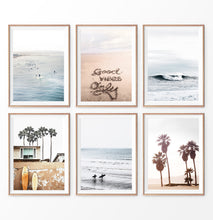Load image into Gallery viewer, Surfing print set of 6. Ocean, Waves, Good vibes quote on sand, Beach, Surfboards and Palm Trees