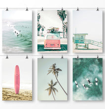 Load image into Gallery viewer, California Beach, Classic Retro Van, Pastel Lifeguard Tower, Pink Surfboard, Palm Trees, and Large Aerial Sea