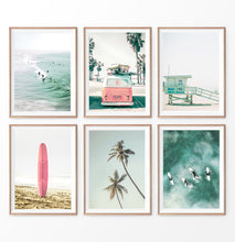 Load image into Gallery viewer, Coastal wall art set of 6. Pink Nursery, Surfers, VW Van, Palm, Lifeguard Tower, Surfboard