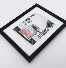 Load image into Gallery viewer, A bright pink aerial photo print of a surfing miniwan in a black frame