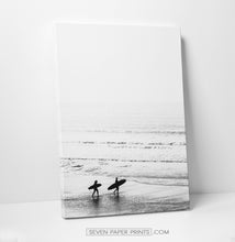 Load image into Gallery viewer, Surfers, ocean and palm trees. BW canvas set of 3 #178