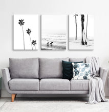 Load image into Gallery viewer, Surfers, ocean and palm trees. BW canvas set of 3 #178