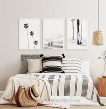 Load image into Gallery viewer, Board Against A Palm, Ocean Surfing 3 Framed Art Prints in b/w