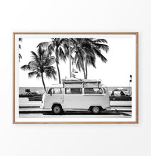 Load image into Gallery viewer, Vintage VW Surfers Bus on the Ocean Beach with Palm Trees