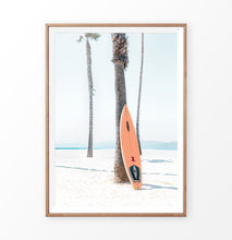 Load image into Gallery viewer, Surfboard and Palm Trees on the Beach Art Print