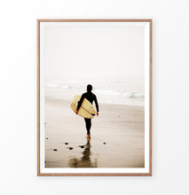 Load image into Gallery viewer, Surfer with yellow surfboard walking toward ocean