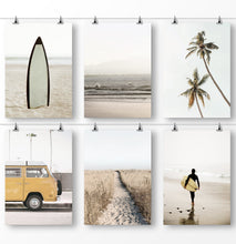 Load image into Gallery viewer, California surf art - retro surfboard, tropical palm trees, ocean waves and yellow van