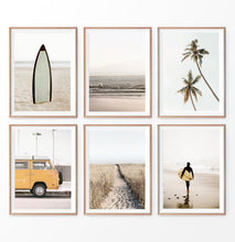 Load image into Gallery viewer, California Surf Wall Art Set of 6. Warm Color. Surfboard, Palms, Yellow Travel Combi
