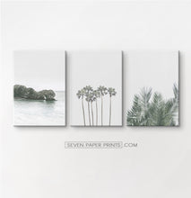 Load image into Gallery viewer, Gray tropical palms and ocean wall art. 3 piece canvas #190