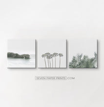 Load image into Gallery viewer, Gray tropical palms and ocean wall art. 3 piece canvas #190