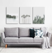Load image into Gallery viewer, Gray tropical palms and ocean wall art. 3 piece canvas #190