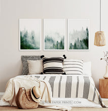 Load image into Gallery viewer, Misty Green Forest Landscape Set of 3 Framed Posters