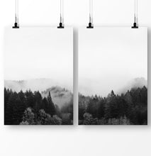 Load image into Gallery viewer, Pine trees, misty nature landscape, Forest Wall Art, Digital Mountain Photo Set of 2 Piece, Woodland Black and White Landscape Posters