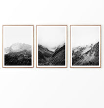 Load image into Gallery viewer, Black and White Foggy Mountain Photography Set of 3 Prints