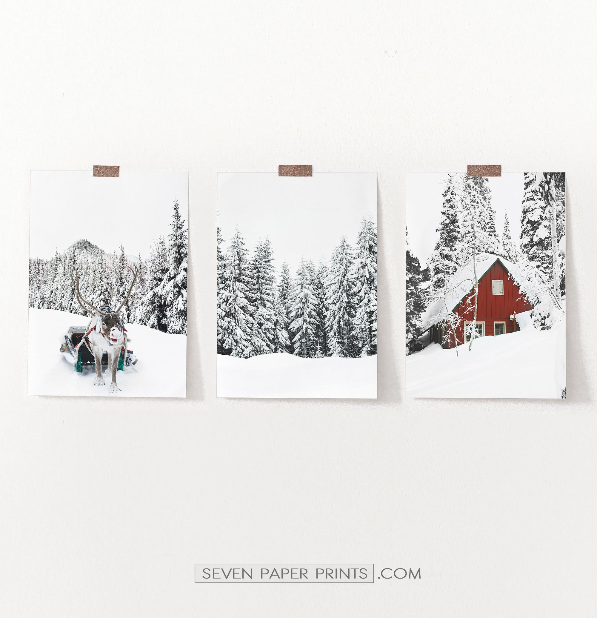 Christmas Reindeer and Snowy Pine Forest 3 Piece Wall Art – Seven Paper ...