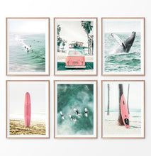 Load image into Gallery viewer, Coastal Nursery Set. 6 Piece Prints. Whale, Pink Surfboard, Pink Bus, Surfers