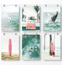 Load image into Gallery viewer, Whale in Teal Ocean, Palm Tree Photo, Pink Surfboards, Surfing Combi Van