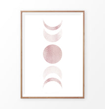 Load image into Gallery viewer, Wooden-Framed Moon Phases Watercolor Print in Bage and Brown on a shelf