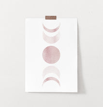 Load image into Gallery viewer, Frameless Moon Phases Watercolor Print in Bage and Brown on a wall