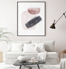 Load image into Gallery viewer, Black-Framed Handpainted Watercolor Print with Beige, Black and Brown on a living room wall