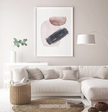 Load image into Gallery viewer, White-Framed Handpainted Watercolor Print with Beige, Black and Brown on a living room wall