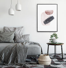 Load image into Gallery viewer, Black-Framed Handpainted Watercolor Print with Beige, Black and Brown on a bedroom wall