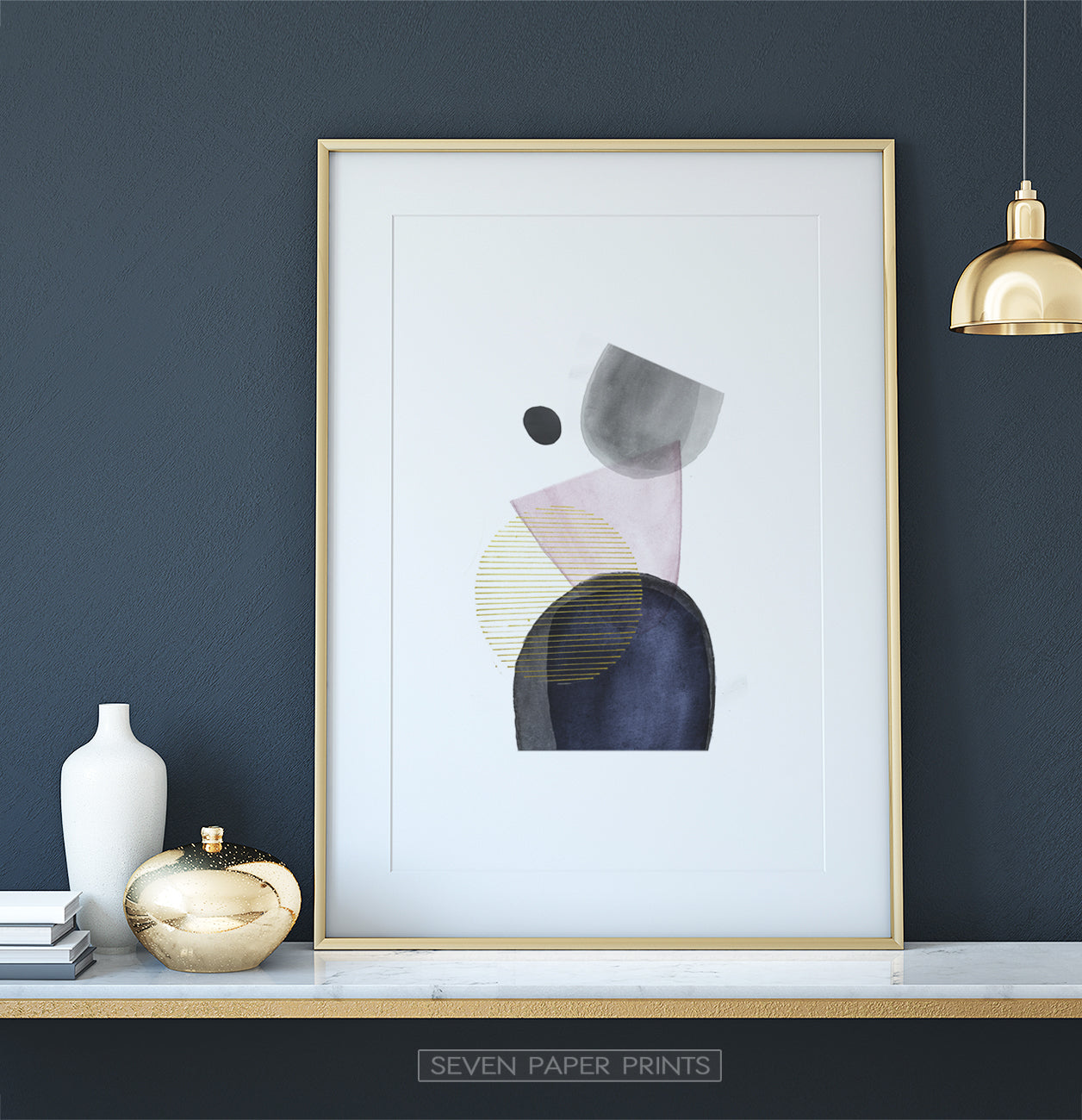 Abstract Boho Shapes Art Print in Pink, Gold, Denim, Powder