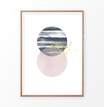 Load image into Gallery viewer, Wooden-framed Navy and pink Jupiter-like abstract wall art