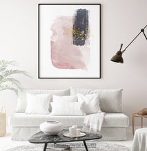 Load image into Gallery viewer, Black-framed Pink and Powder stains under gold drops wall art in a living room