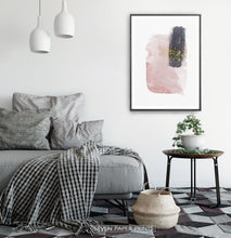 Load image into Gallery viewer, Black-framed Pink and Powder stains under gold drops wall art in a bedroom
