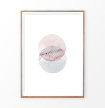Load image into Gallery viewer, Wood-framed Abstract Wall Art With Two Circles in Pink And Gray Colors