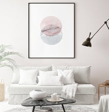Load image into Gallery viewer, Black-framed Abstract Wall Art With Two Circles in Pink And Gray Colors