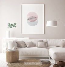 Load image into Gallery viewer, White-framed Abstract Wall Art With Two Circles in Pink And Gray Colors