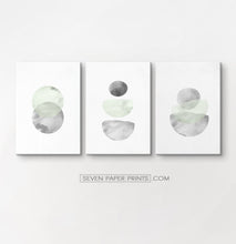 Load image into Gallery viewer, Three Abstract Green and Gray Watercolor Art Prints on rectangular canvases