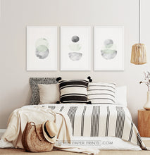 Load image into Gallery viewer, Three framed prints with abstract moon-like art in green, gray and black tones on white background
