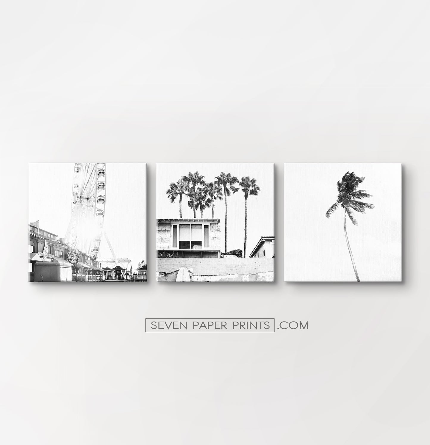 Black white coastal set of 3 canvases #260
