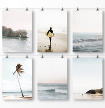 Load image into Gallery viewer, Surfing poster, ocean waves, ocean rocks, palm tree leaves, beach photography