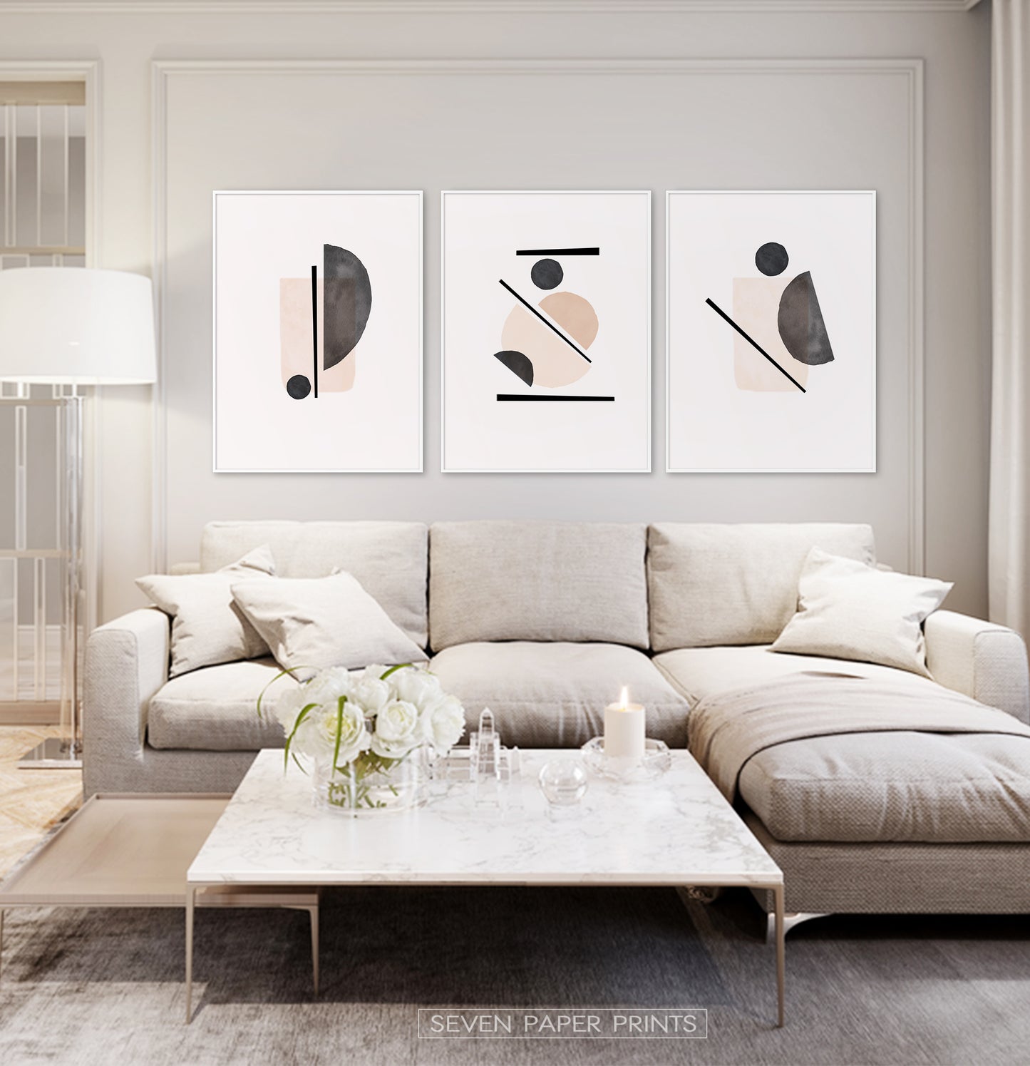 Beige Wall Set of Scandinavian Prints, Powder Color Abstract